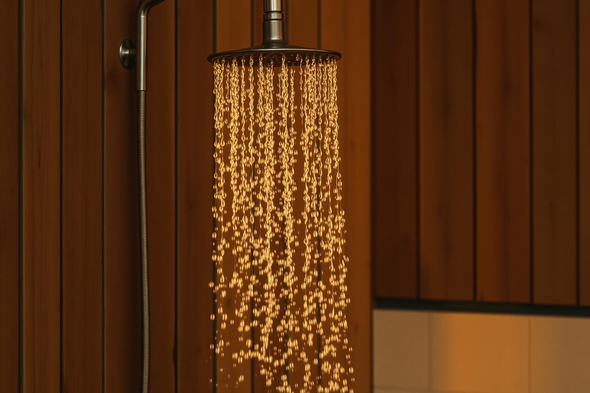Warm outdoor rainfall shower against weathered wood at golden hour