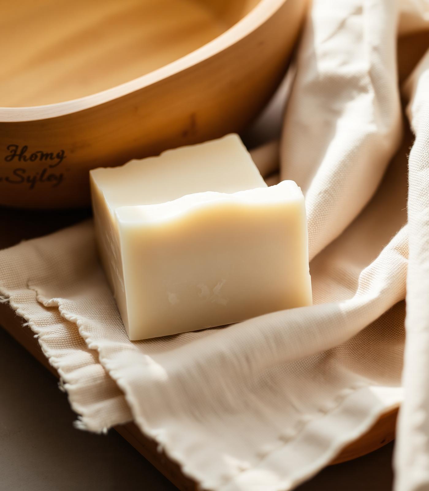 Cream-colored artisan tallow soap bar resting on linen